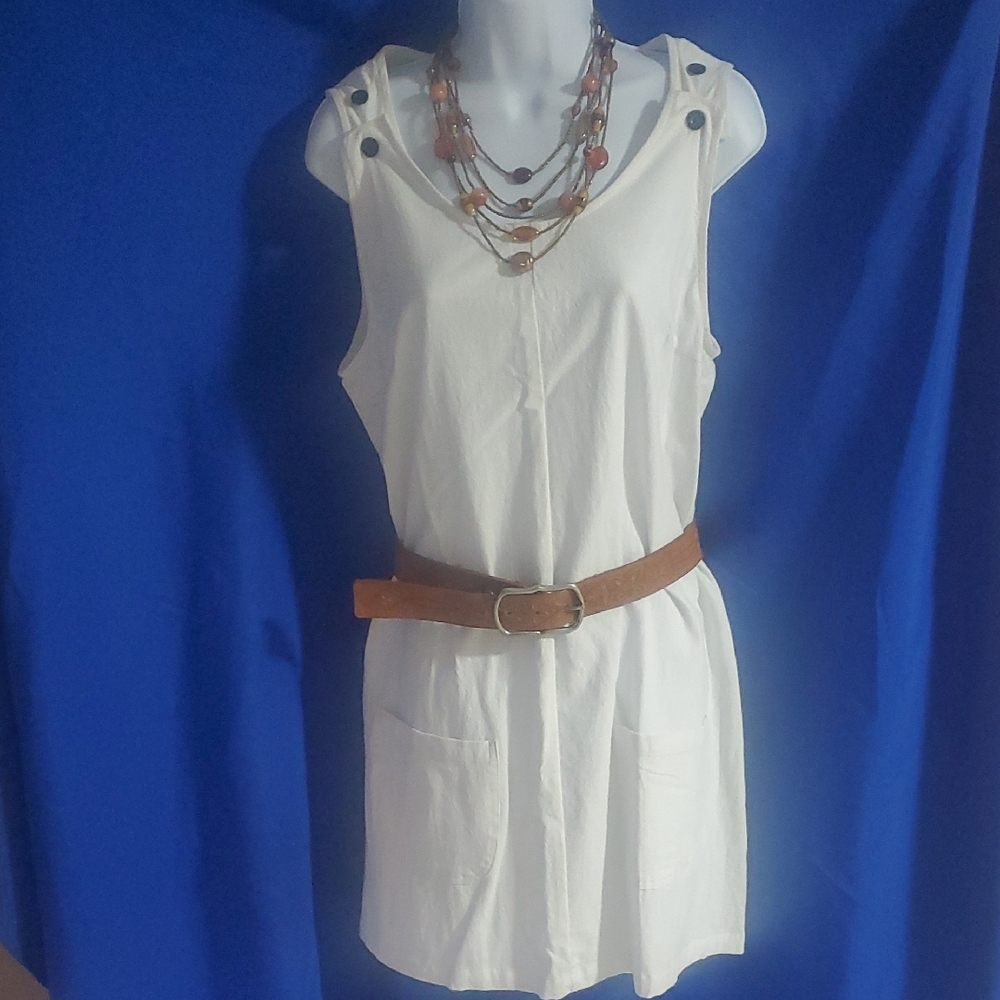 White Sleeveless Dress with Brown Belt